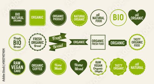 Sleek collection of green vector badges and stickers for promoting organic, natural, and healthy food products