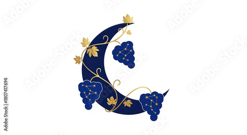 Elegant navy blue crescent moon intertwined with golden grapevines and constellation clusters on a white background