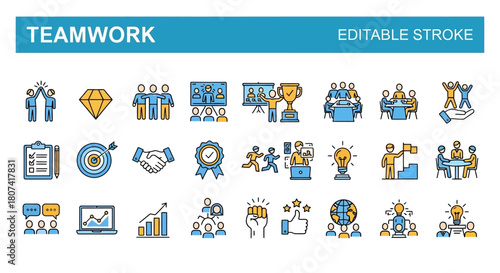 Collection of teamwork and collaboration icons in a sleek line style for business and project management
