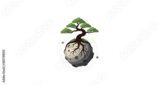 Stylized illustration of a bonsai tree growing roots deep into a small cratered celestial body or asteroid with orbiting elements