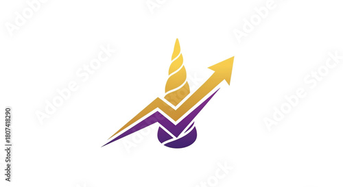 Abstract golden unicorn horn emerging above a purple lightning bolt and an upward trending golden arrow against a white background