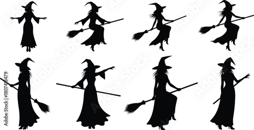 Witch silhouettes, flying broomstick, Halloween theme, spooky pose, black figure, pointed hat, folklore magic, scary gesture, dark costume, mystery