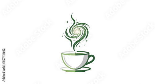 Stylized green tea or herbal drink logo featuring steam swirling into a galaxy or vortex design with subtle sparkles above a minimalist white cup and saucer