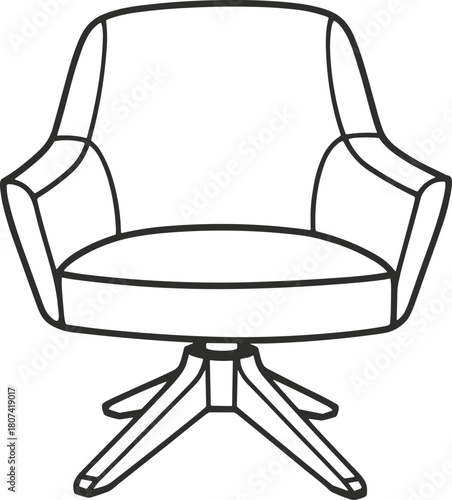 Modern swivel armchair furniture illustration with cushioned seat design, ergonomic interior seating symbol for home decor and office arrangement, flat vector illustration