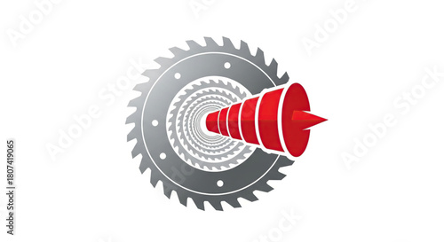 Red rocket nozzle emerging from a circular saw blade with gears and cogs