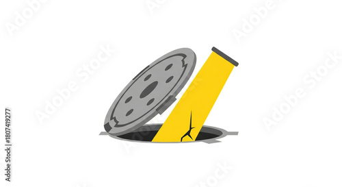 Gray manhole cover with yellow bollard in an open position