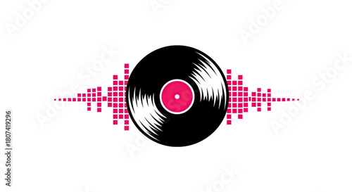 Black vinyl record with pink sound waves on white background