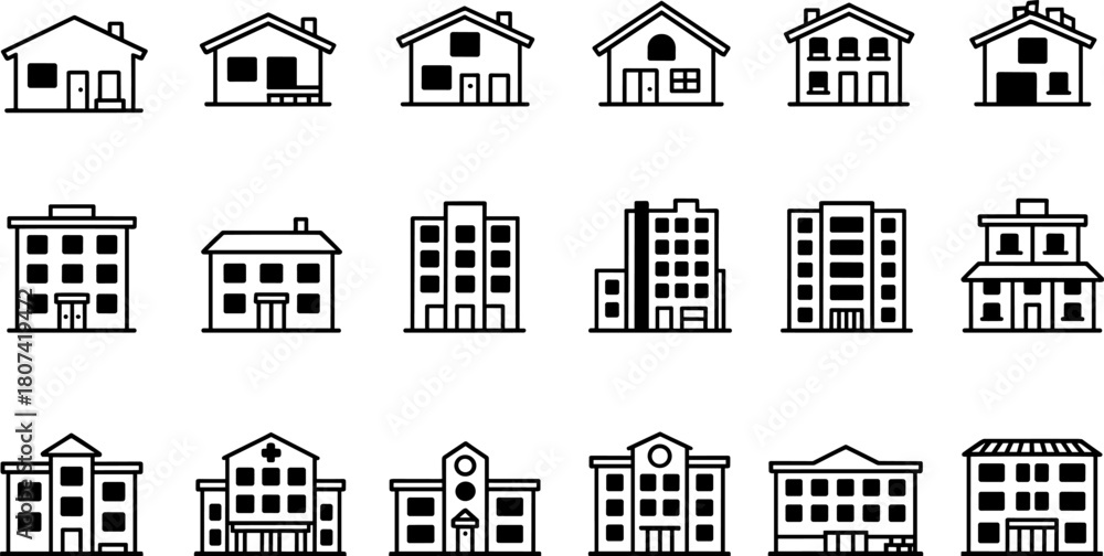 Fototapeta premium House and building icon collection with residential homes, apartment structures, commercial properties, urban architecture symbols for design use, flat vector illustration