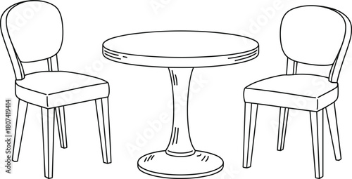 Round dining table with two modern chairs in simple black outline style, minimalist furniture arrangement for interior decor and design use, flat vector illustration