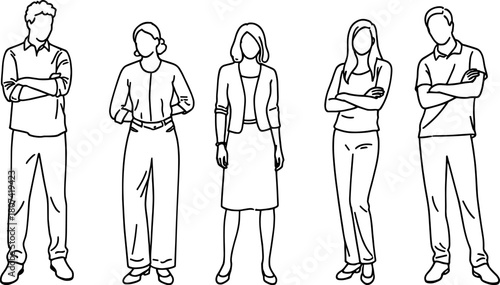 Group of standing business people in clean outline style, professional team illustration showing diverse poses for workplace design and branding, flat vector illustration