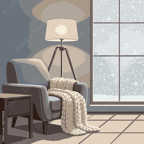Minimal fall interior vector with chair, throw blanket, lamp, and window with falling leaves outside