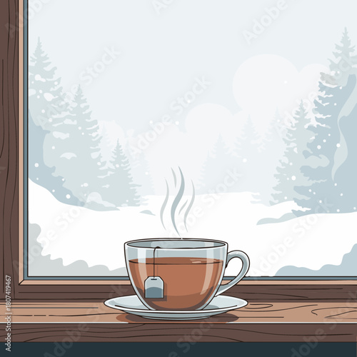 Minimal vector of cozy winter tea time by foggy window with falling leaves and soft warmth indoors on white background