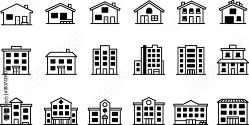 House and building icon collection with residential homes, apartment structures, commercial properties, urban architecture symbols for design use, flat vector illustration