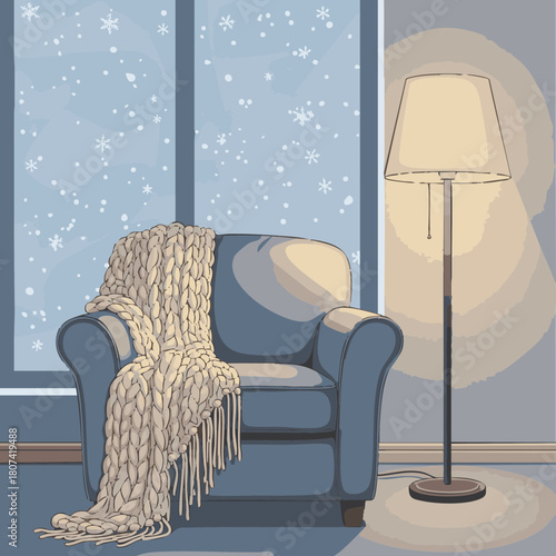 Minimal fall interior vector with chair, throw blanket, lamp, and window with falling leaves outside