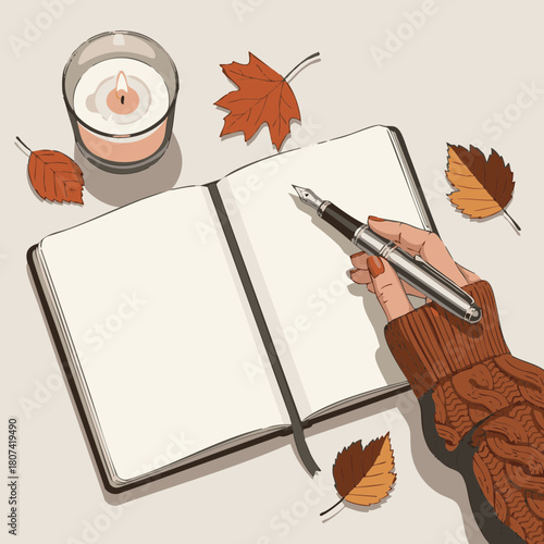 Minimalist autumn vector with journal, candle, and sweater sleeve – home introspection scene in fall