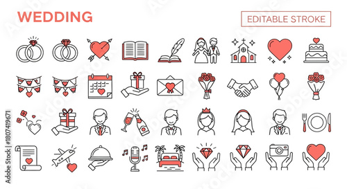 Minimalist wedding and love icon set with editable strokes, a sleek and modern collection for marriage ceremony design projects