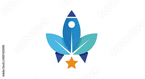 Blue rocket with green leaves and orange star illustration