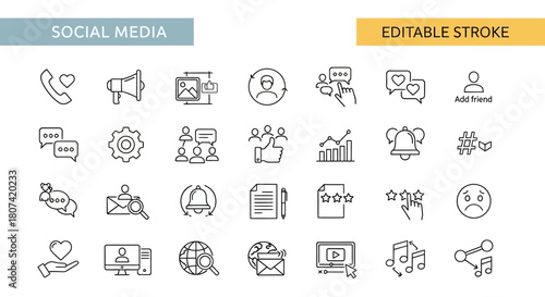 Sleek and Modern Line Icon Collection for Social Media, Digital Communication, and Online Engagement, Essential for UI/UX Design and Web Development Projects