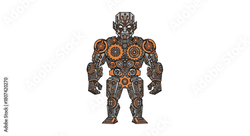 Detailed illustration of a robot with intricate mechanical parts and gears, vector art