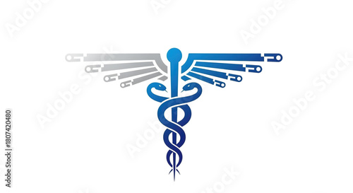 Medical caduceus symbol with wings and syringes in blue and gray colors