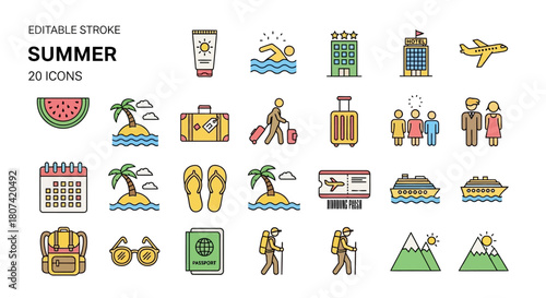Summer Holiday Travel Icons Collection - A Set of 20 Vector Illustrations
