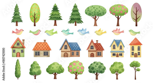 Charming Collection of Trees, Houses, and Birds Illustrations for Diverse Design Applications