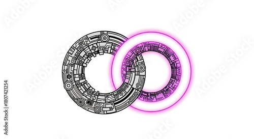 Two interlocking rings with intricate mechanical designs and glowing purple outline