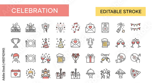 A curated collection of festive line icons representing various celebration and party elements, perfect for event planning and joyful occasions