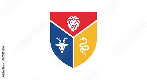 Shield shaped crest with lion, goat, and snake symbols in red, blue, and yellow colors