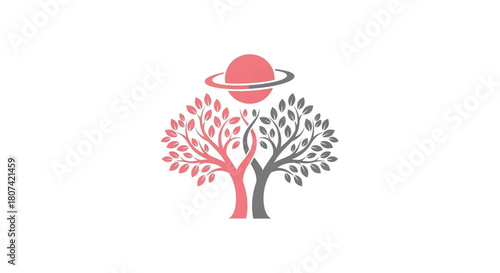 Two stylized trees with intertwined trunks and a planet with a ring above them