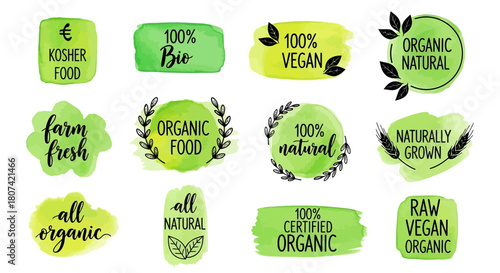Collection of eco-friendly and organic food labels with various designs and text