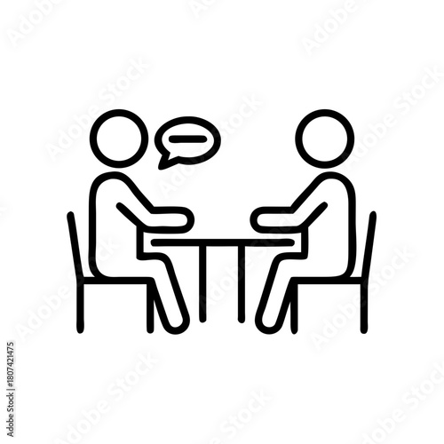 Two people sitting at table, communicating in line icon style  