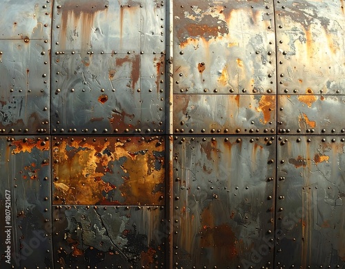 Distressed Metal Plates with Rivets and Rust Forming Unique Abstract Texture