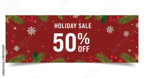 Holiday sale with 50 percent discount, stunning snowflakes and festive pine branches create a sense of winter magic, perfect for promotions and advertising
