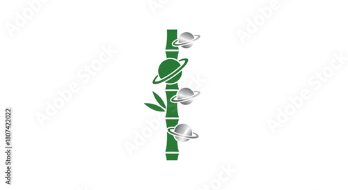 Green bamboo stalk with planets and rings growing from it, vector illustration