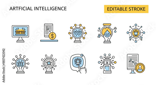 Sleek Line Icon Collection for Artificial Intelligence Concepts – Modern AI, Machine Learning, Data, and Innovation Technology Icons