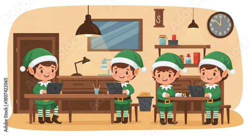 Santa's workshop is buzzing with festive elves diligently working on laptops, crafting Christmas magic and spreading holiday cheer from the North Pole