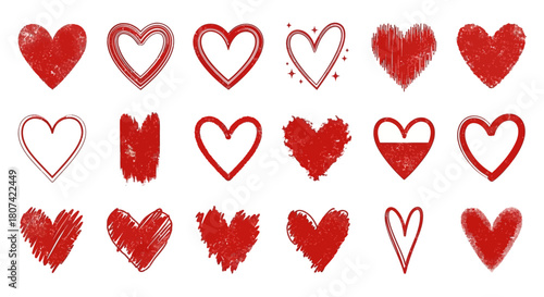A versatile collection of artistic red heart illustrations, showcasing various handcrafted textures and expressive styles for romantic designs and creative projects
