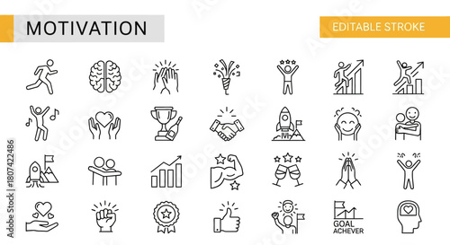Dynamic Vector Line Icon Collection Illustrating Motivation, Personal Growth, Success, and Goal Achievement with a Modern Minimalist Design and Sleek Outlines