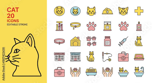 Diverse collection of cat-themed icons illustrating pet care, veterinary services, and feline lifestyle elements