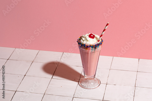 strawberry milkshake with whipped cream and cherry