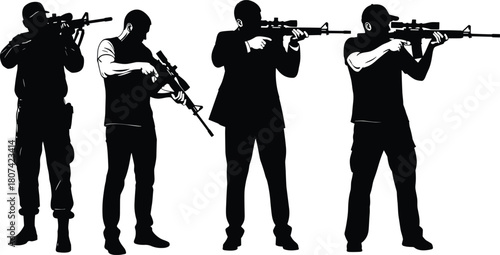 Armed men silhouette set, soldiers and security agents aiming modern assault rifle, tactical military shooting figure vector graphic collection