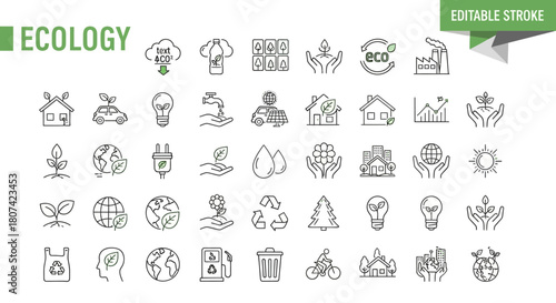 Collection of linear icons showcasing sustainability and eco-friendly living