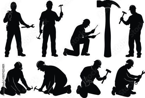 Construction Workers, Handymen, and Repairmen Silhouettes Vector Set, Industrial Laborers with Tools, Builder, Contractor, Worker Profession Collection.