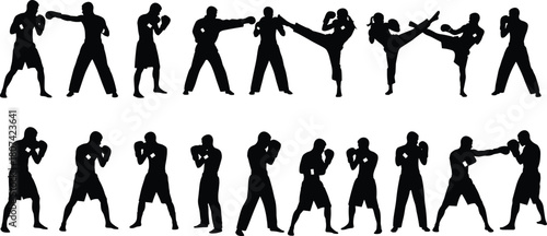 Dynamic Mixed Martial Arts and Kickboxing Silhouettes Collection, Powerful Fighters Practicing Various Action Poses, Vector Illustration for Sport and Fitness.