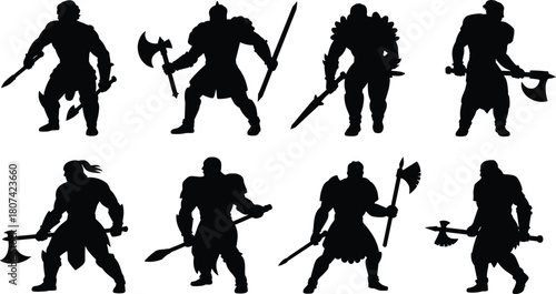 Eight barbarian knight warrior silhouettes set, heavy armor, holding ancient medieval weapon spear sword axe, fighting pose vector graphic illustration