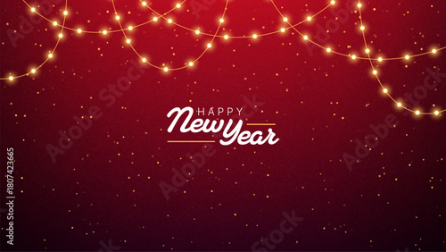 Happy New Year text with festive string lights and golden particles on a red background, a vector graphic for holiday celebration messages.