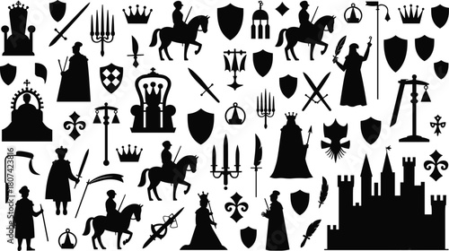 Historical Medieval Kingdom and Royalty Silhouettes Collection, Featuring Knights, Monarchs, Weapons, and Castle Vector Icons, Fantasy and History.