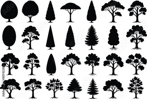 Large tree silhouettes set, collection of different tree shapes, black forest icon, natural plant evergreen and deciduous vector graphic design