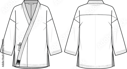 Martial Arts Kimono or Gi Jacket Fashion Flat Technical Drawing Vector Illustration, Jiu-Jitsu, Karate, Judo Uniform Top, Apparel CAD Template, Front and Back View.